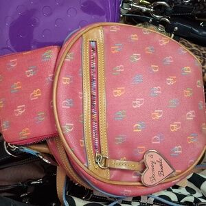 DOONEY & BOURKE VINTAGE PINK BACKPACK SET COATED CANVAS & LEATHER WITH WALLET